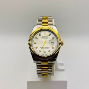Rolex Oyster Perpetual Datejust, with a two-tone gold-and-silver bracelet, fluted bezel, and champagne dial.
