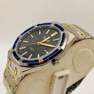 SEAGAR Men’s Analog Quartz Watch – Black Dial, Gold & Silver Two-Tone Bracelet, Blue Bezel, Date Display
